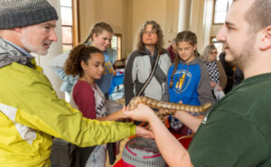 kids and parents handling snakes