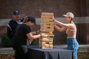 studnets play giant Jenga