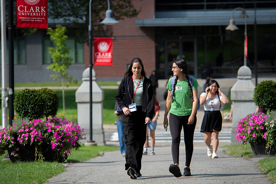 students walking across campus