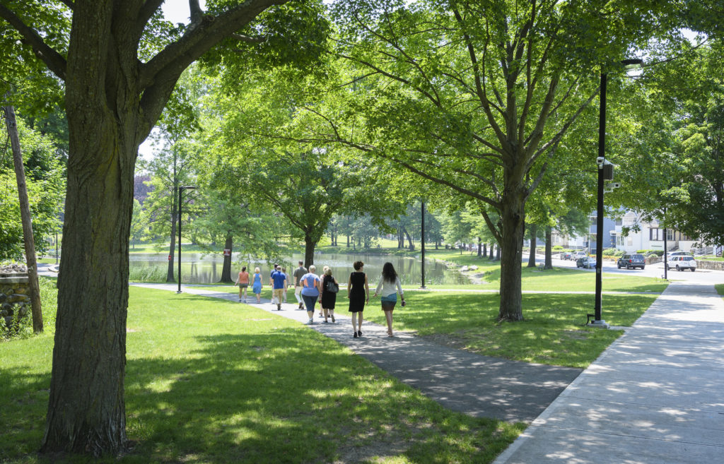 people walking down path